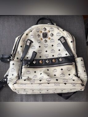 MCM Stark Studded Backpack Visetos Coated Canvas Medium White & Black